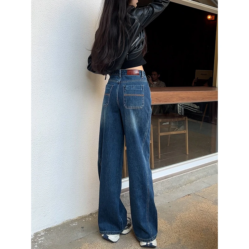 美思源复古高腰阔腿裤子牛仔裤女款2025年秋季新款宽松垂感弯刀裤