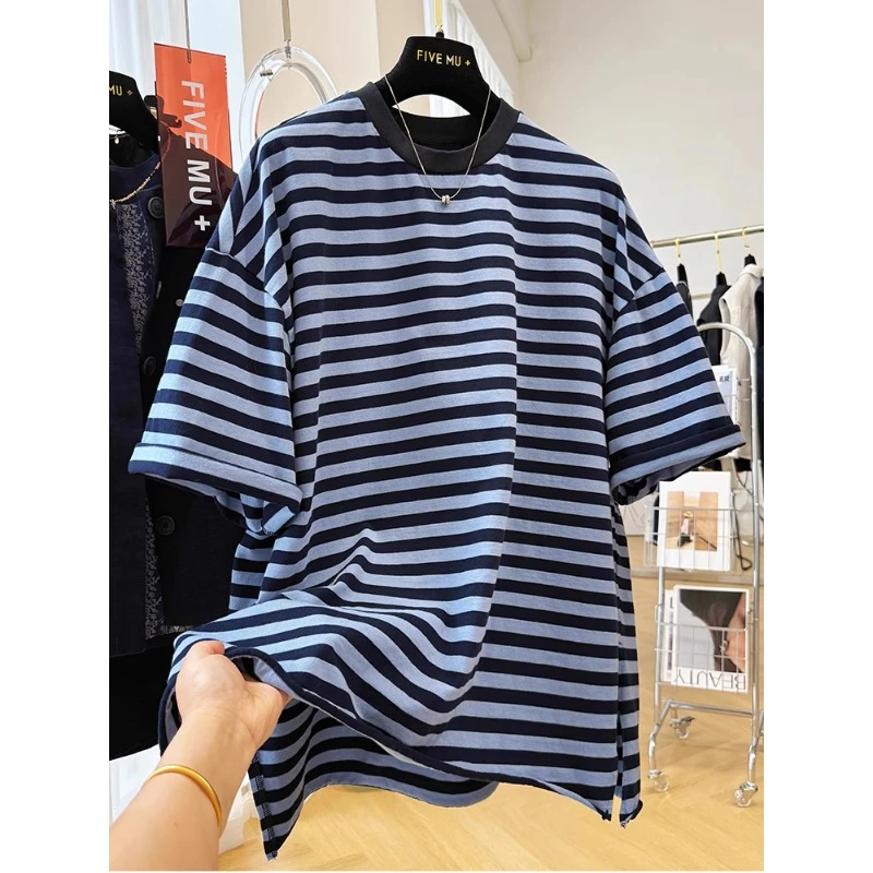 胖妹妹240斤慵懒风松弛感撞色条纹短袖T恤女夏季宽松半袖体恤上衣