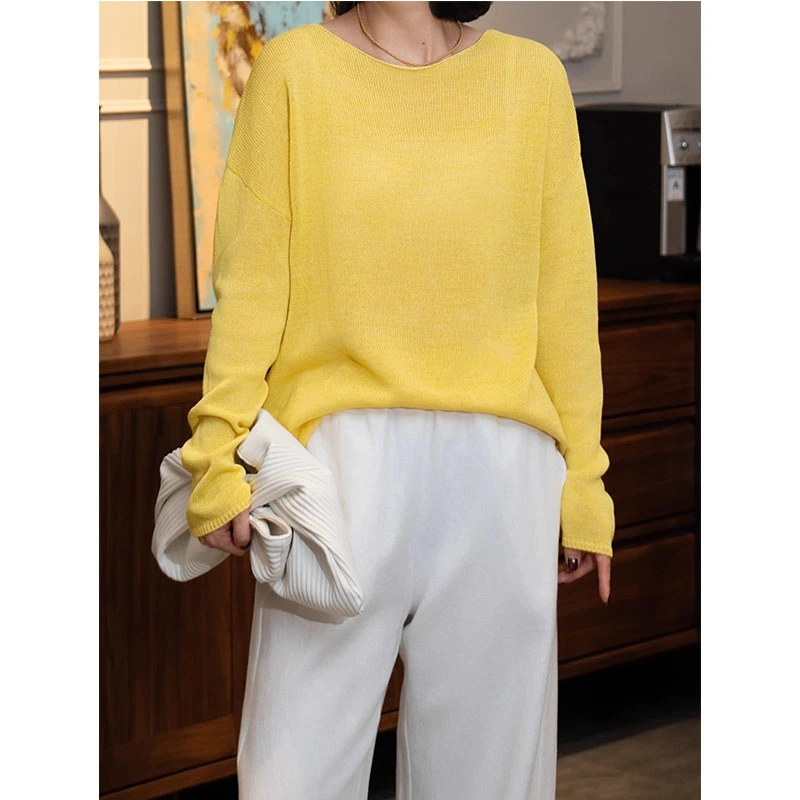 轻盈舒适镂空和纸纱毛黑白条纹长袖针织衫女慵懒宽松圆领T恤上衣