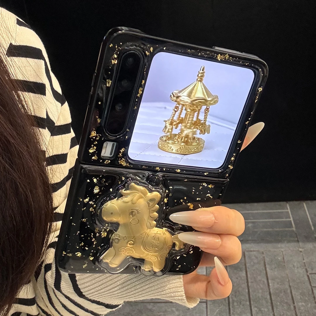 适用华为purax典藏版折叠屏手机壳pocket2黑白滴胶闪粉金色有钱马