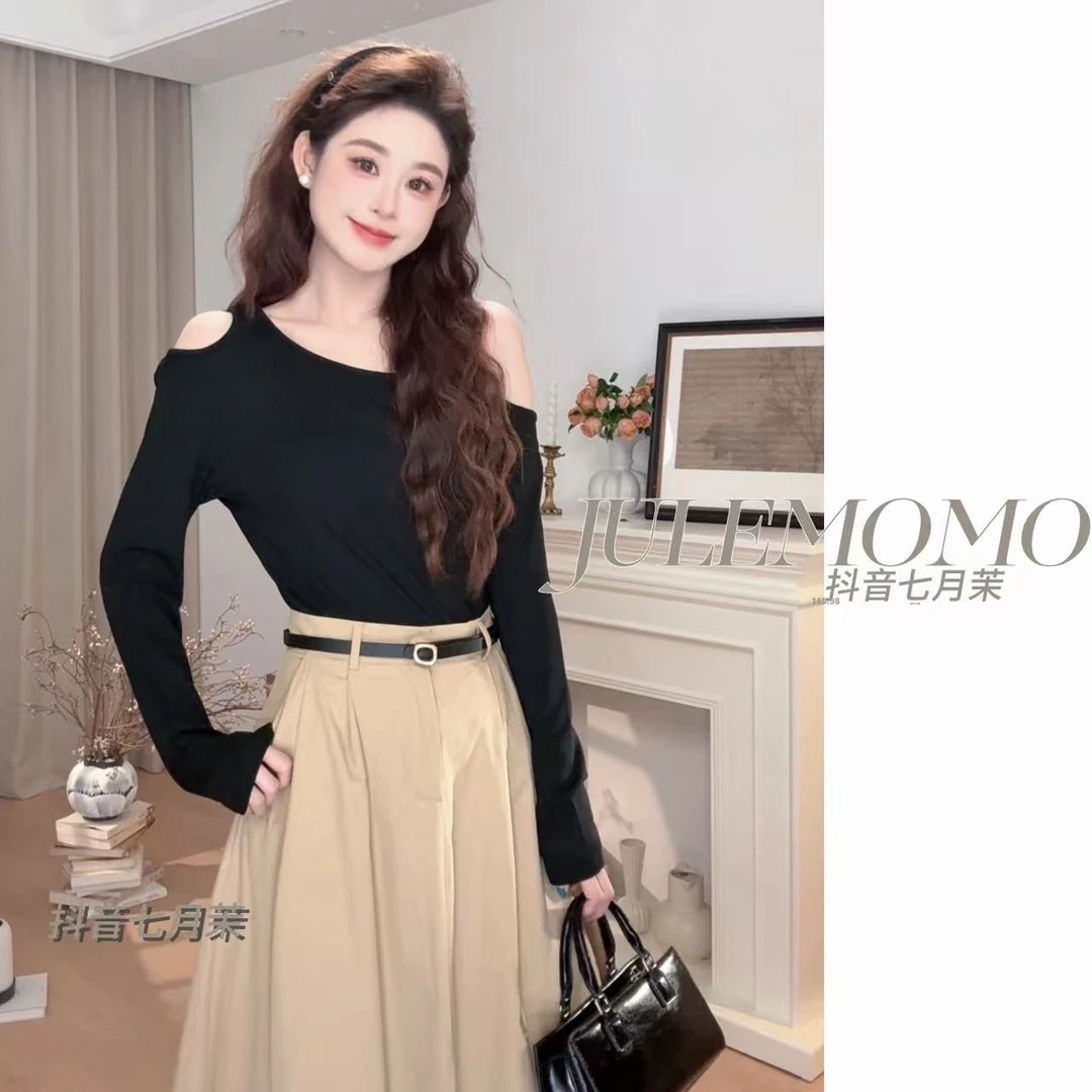 超火黑色露肩T恤显瘦中长款半身裙女高腰百搭休闲A字裙套装女