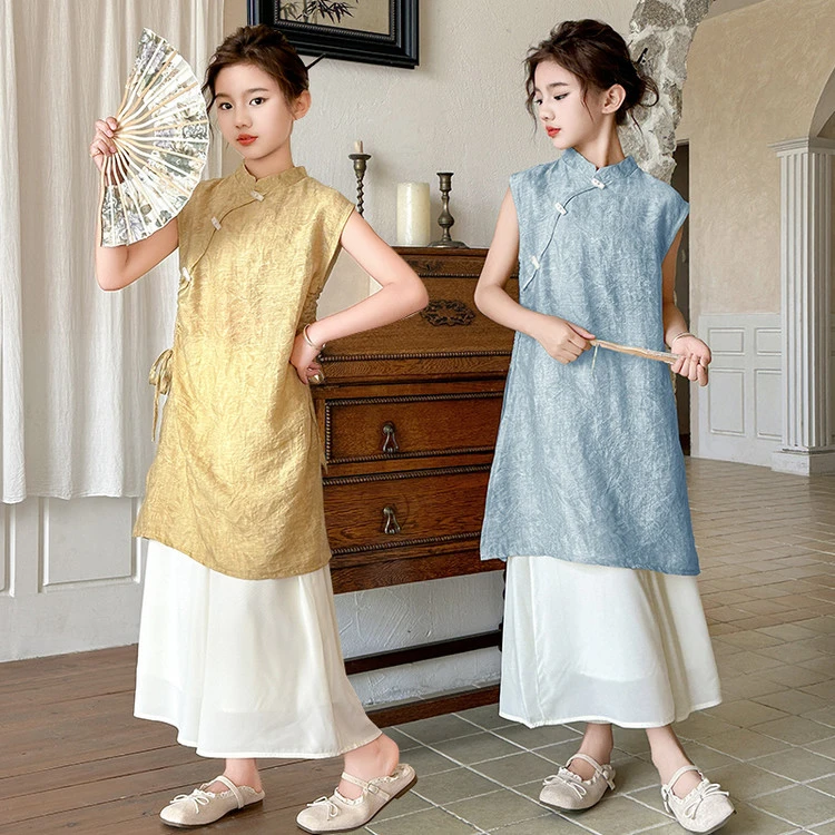 女童两件套裙裤套装2025夏季新款女孩改良旗袍汉服国风中大童汉服