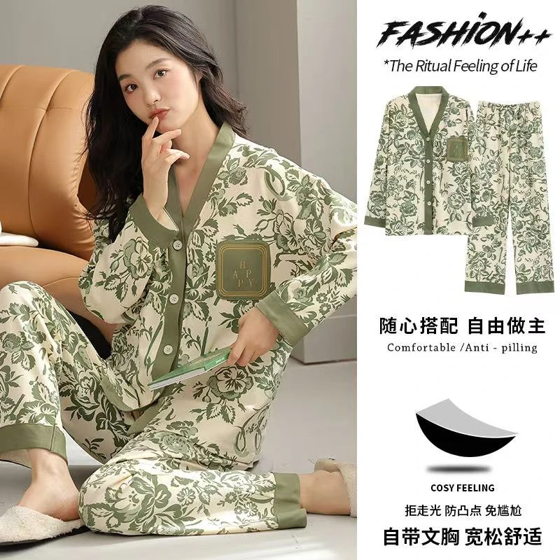 小丸子帕兰朵2025款秋冬家居服纯棉女睡衣和服领带胸垫长袖两件套