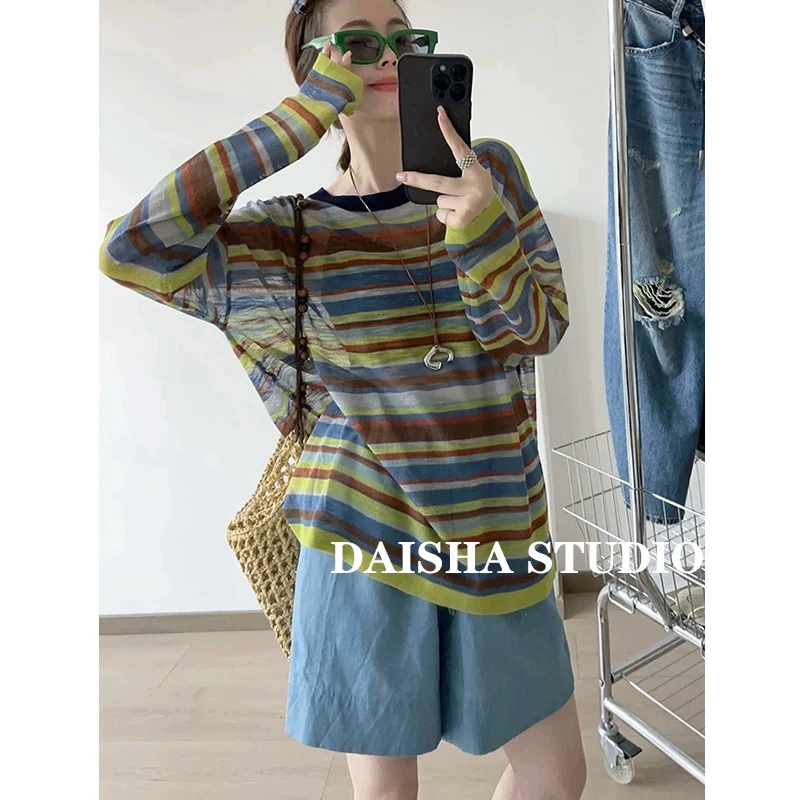 欧货撞色条纹圆领针织防晒罩衫女夏季薄款宽松慵懒长袖空调衫549