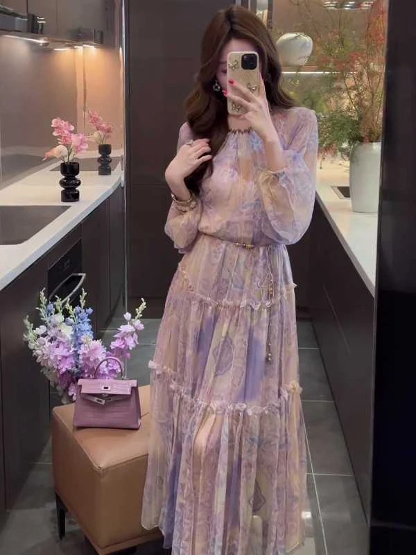 大码胖mm镂空泡泡袖碎花连衣裙女夏季温柔风森系超仙初恋绝美长裙