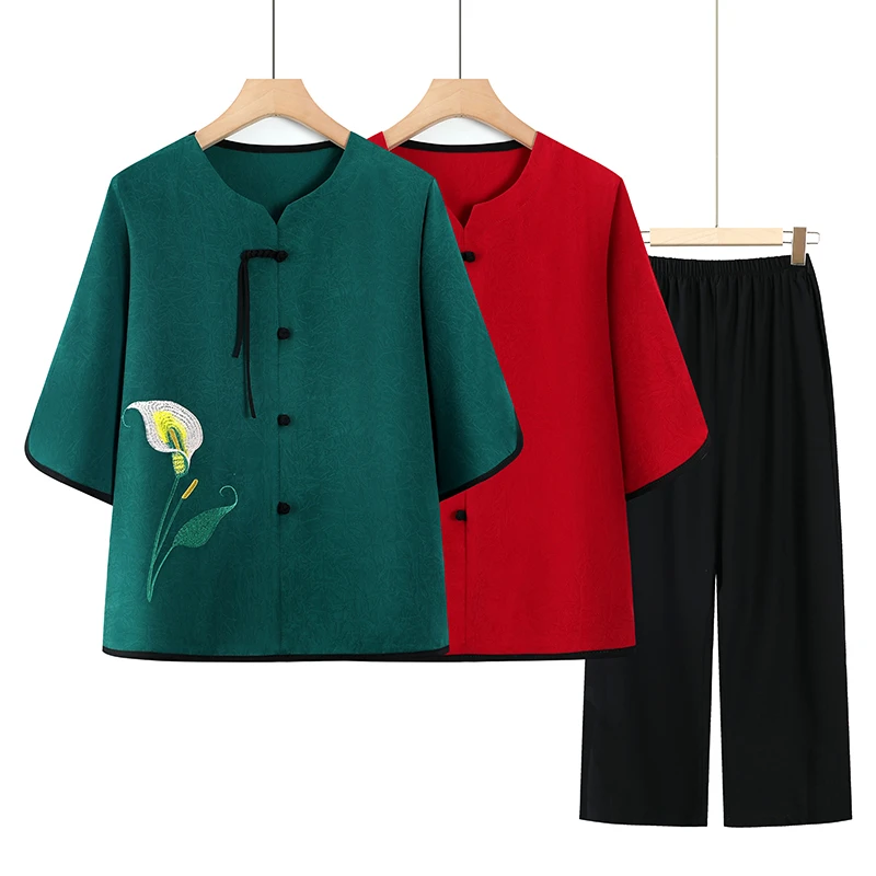 中老年人女装妈妈装宽松洋气圆领套头套装七分袖奶奶装老太太套装