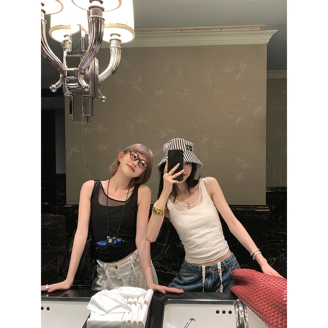 区区欧阳 双层网纱针织弹力吊带背心女夏季外穿辣妹修身显瘦上衣