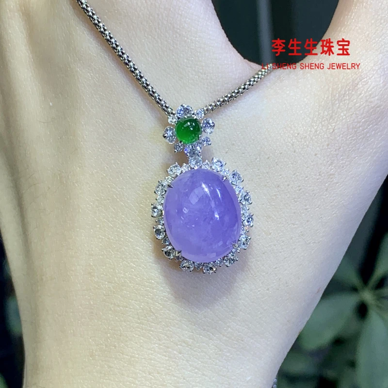 春日珠宝天然缅甸A货翡翠冰胶妖紫紫翡蛋面豪镶吊坠Ｈ