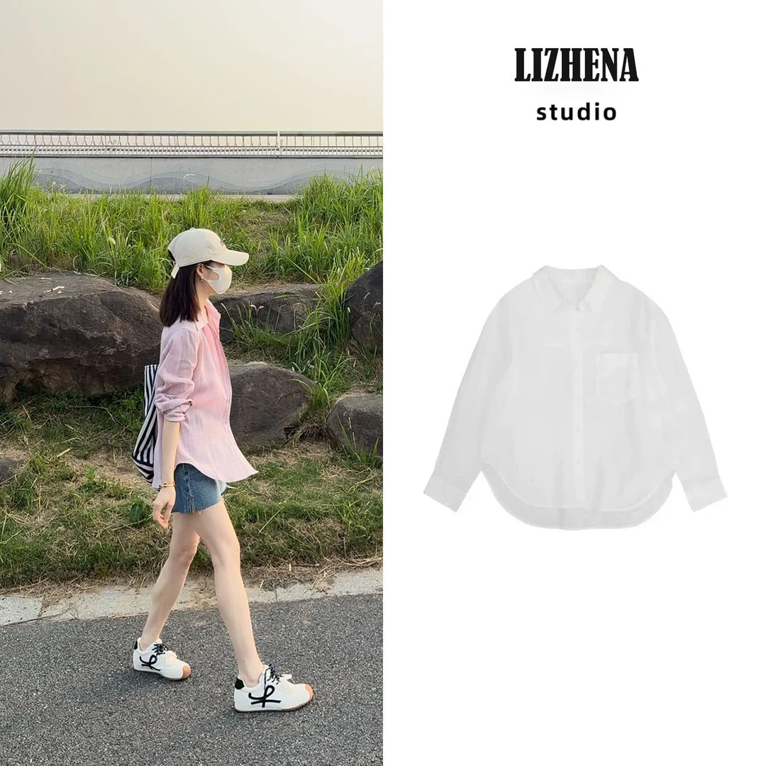 LIZHENNA【亚麻衬衫】夏季新款100%亚麻V领侧边弧度极简防晒衬衫