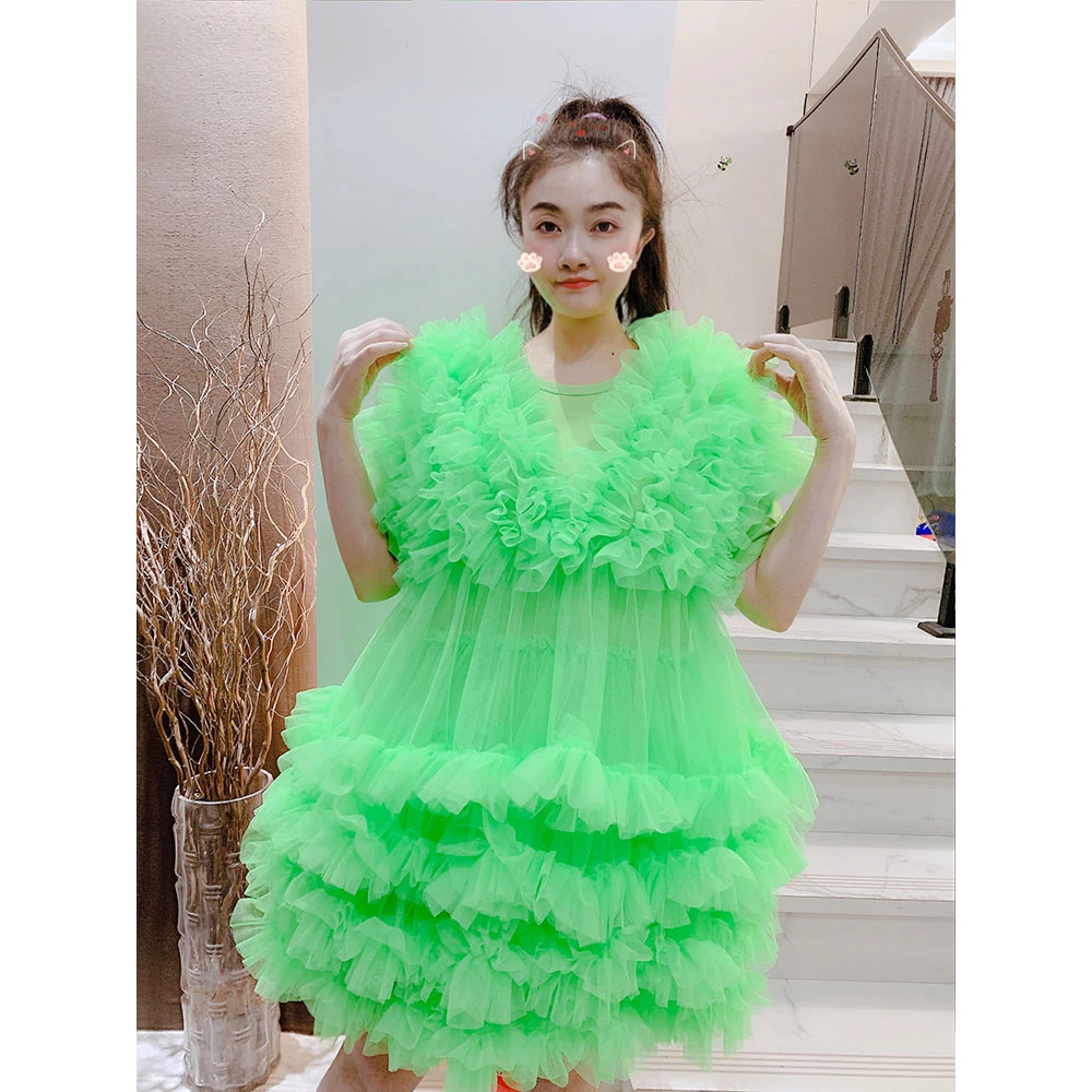 设计师定制超仙蕾丝花边宽松显瘦拼接云朵网纱连衣裙蓬蓬裙女