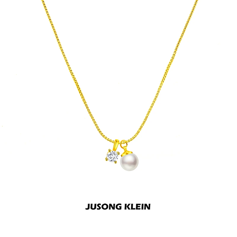 Jusong klein 钛钢项链 韩版锆石仿珍珠项链女轻奢小众感锁骨链