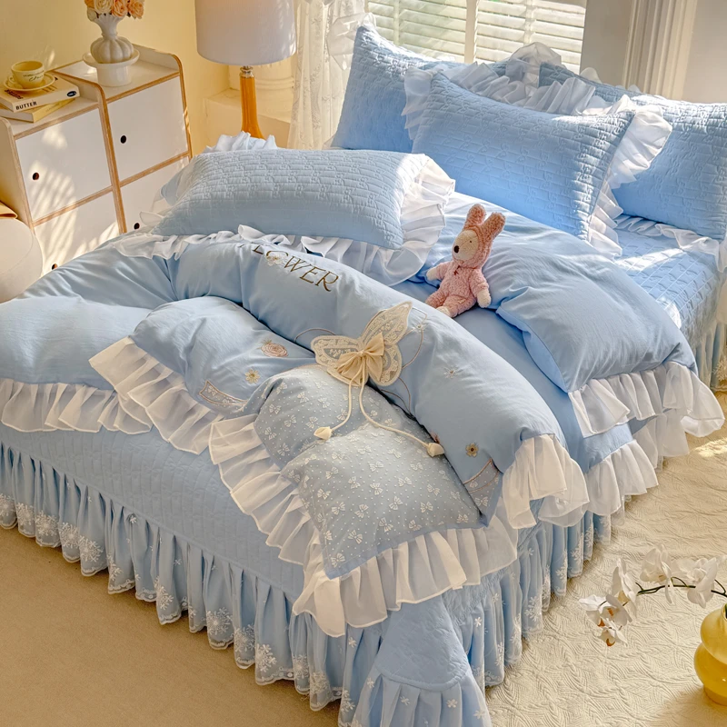 韩版床盖款四件套小清新刺绣公主风加厚夹棉床单少女心家用床品
