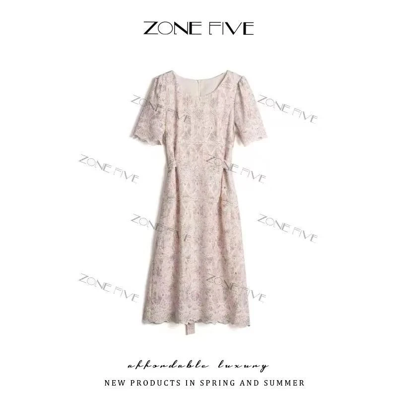 zonefive夏季新款新中式刺绣蕾丝圆领裙子连衣裙女9867