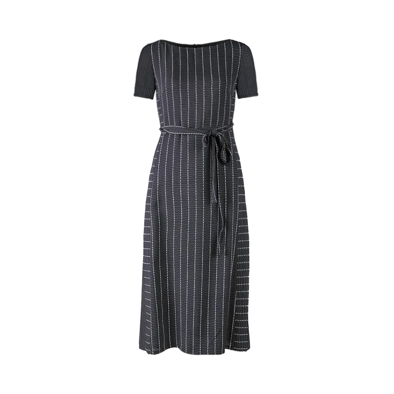 LN轻奢女士黑白条纹一字领带腰带中长款连衣裙时尚NL19275A