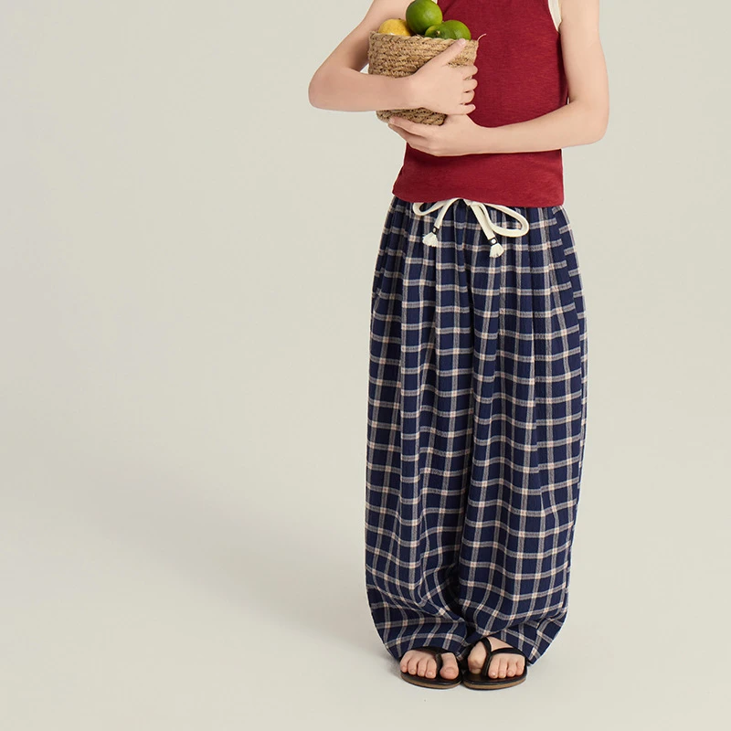 现货【小梨涡】夏装女童裤子儿童格子阔腿裤夏季防蚊裤薄裤子25C225