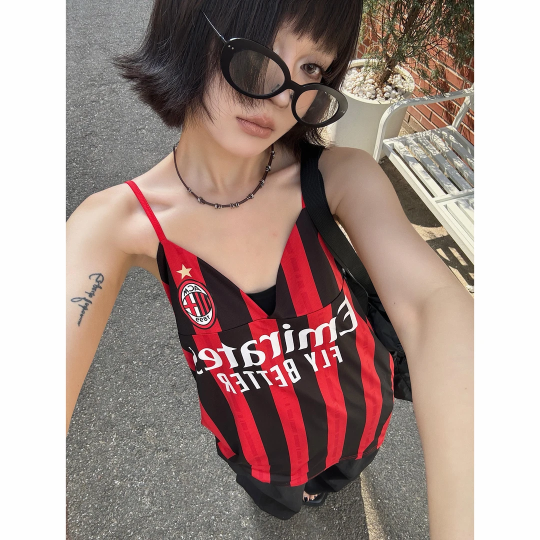 复古条纹字母印花网红辣妹可调节背心透气显瘦小众球衣吊带女