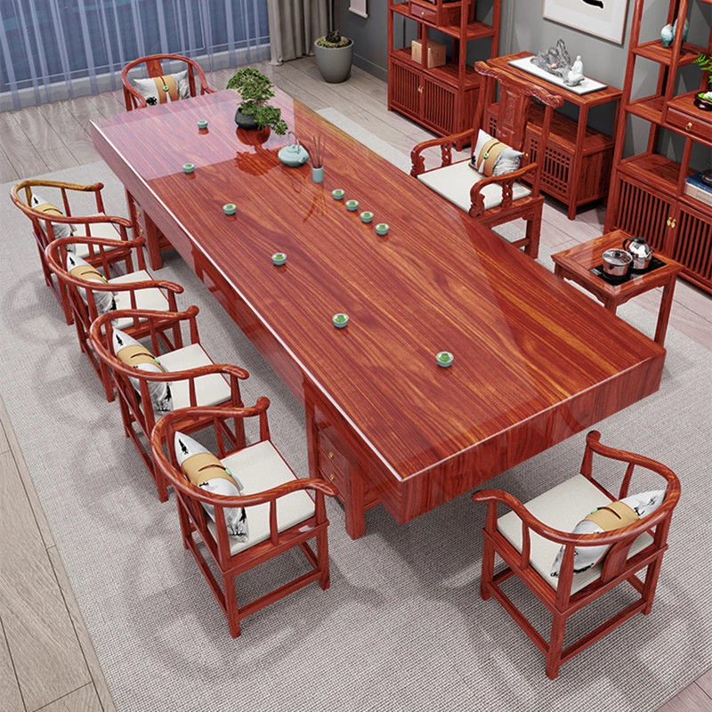 大板茶台实木茶桌椅组合一桌五椅家用新中式原木茶几办公室泡茶桌