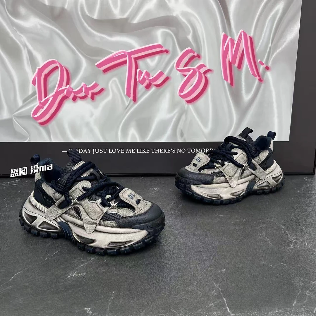 个性潮流擦色百搭增高厚底休闲男士脏脏鞋拼接网面时尚男鞋老爹鞋