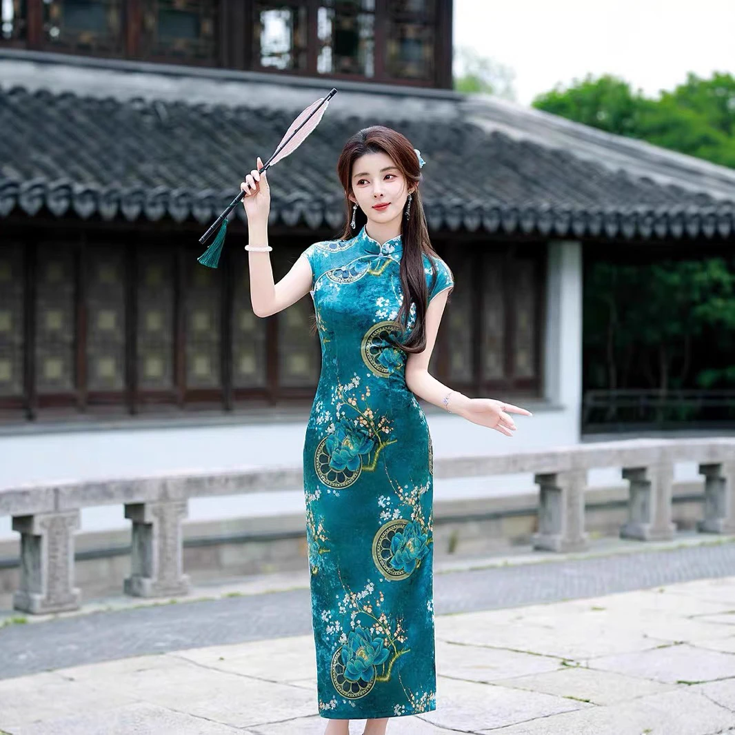 【796】衣长125cm金丝绒弹力单层气质旗袍