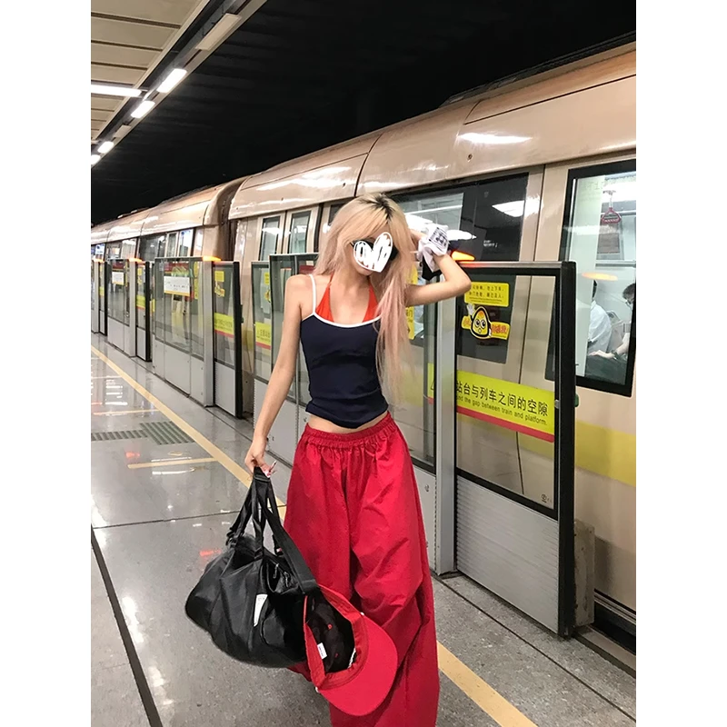美式假两件挂脖吊带背心女设计感修身无袖上衣阔腿工装裤长裤套装