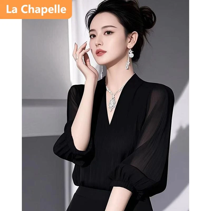 拉夏贝尔夏法式减龄气质百搭显瘦衬衫小众设计感轻奢高级黑色衬衣