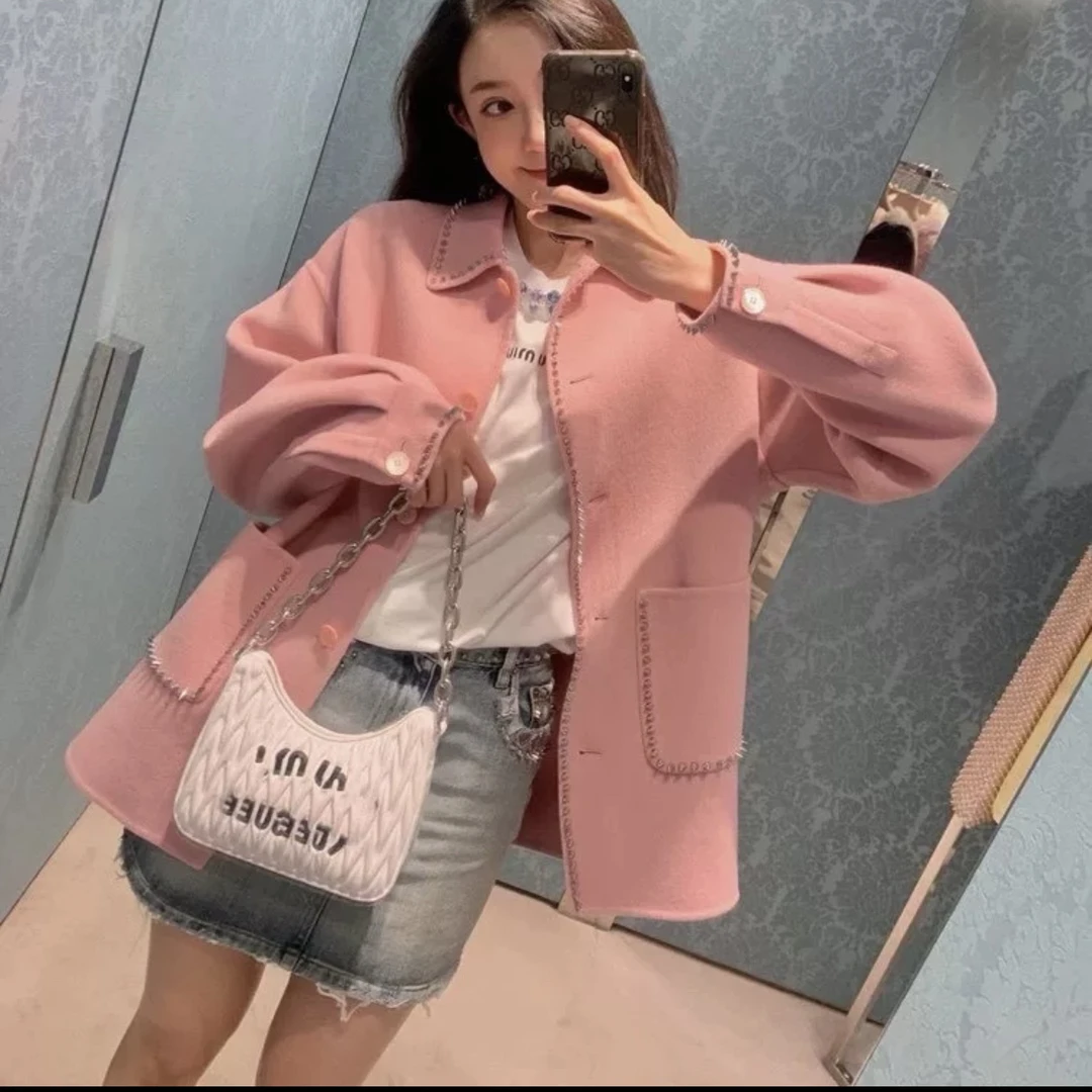 99新 MIU MIU/缪缪 7379/MiuMiu粉色铆钉羊毛大衣外套/36码