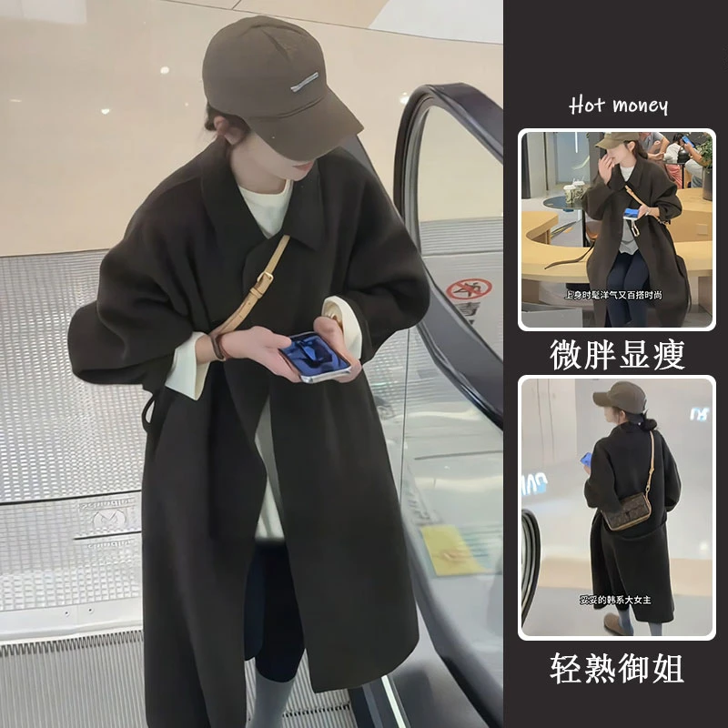 韩系时尚简约通勤感咖色毛呢外套秋冬季新款翻领加厚保暖呢子大衣