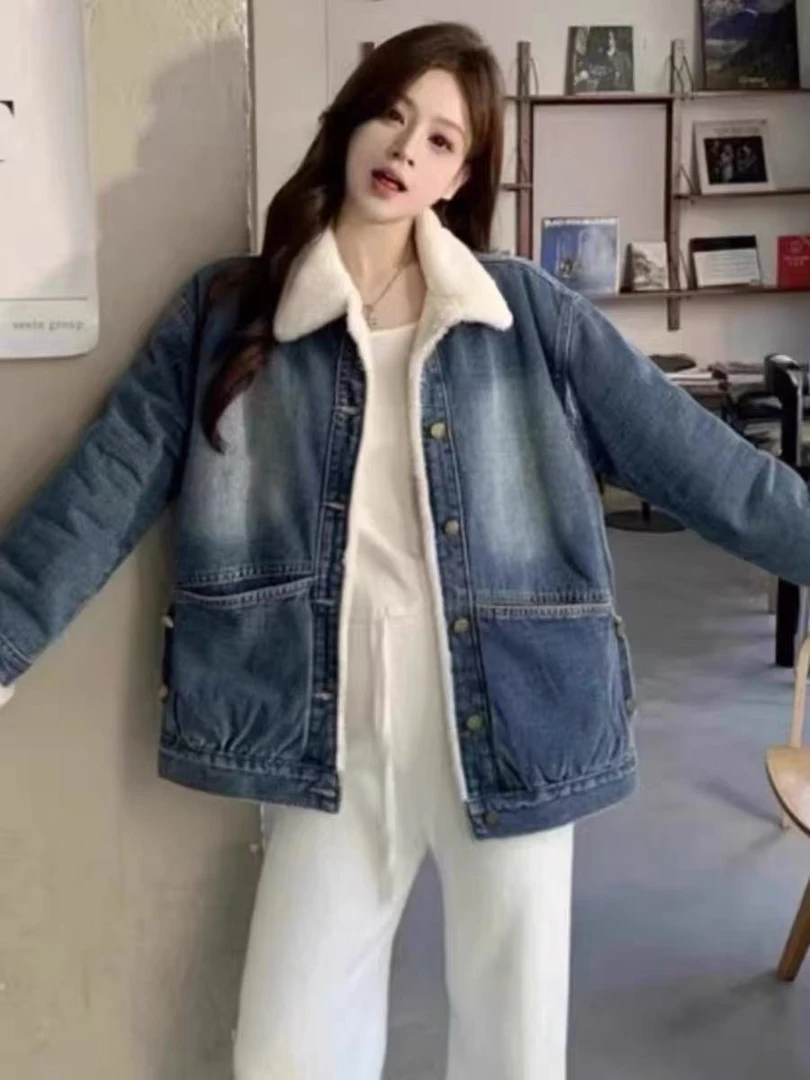 复古仿兔绒牛仔外套女秋冬季加绒加厚韩版宽松百搭上衣
