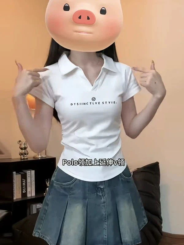 运动T恤女正肩百搭韩系白色polo领洋气大码修身显瘦上衣夏季短袖