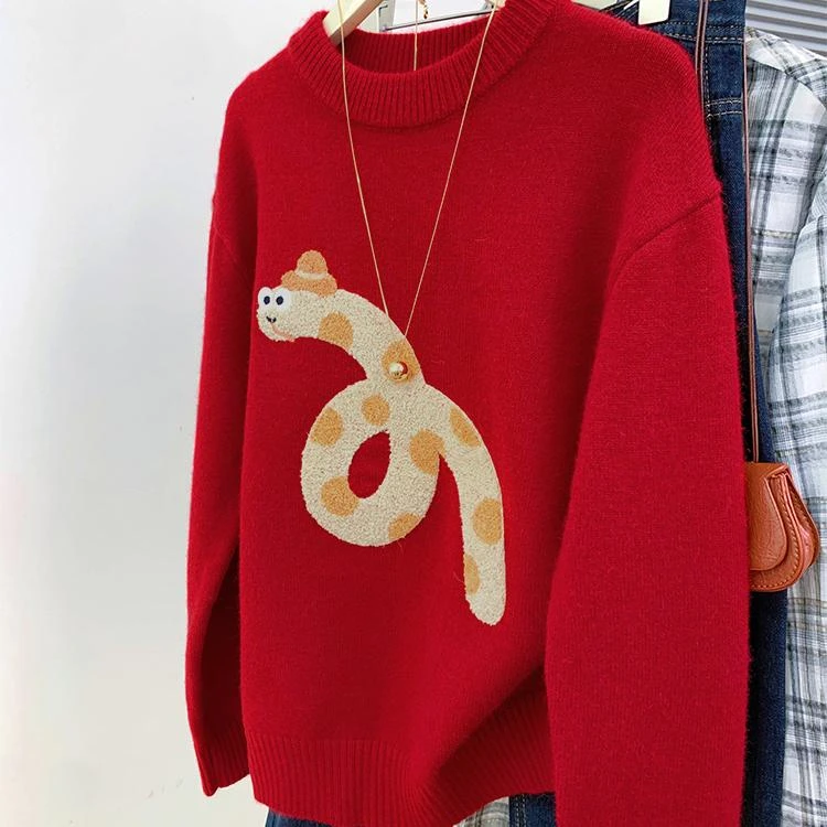 红色蛇年新年情侣套头毛衣女2025新款秋冬加厚内搭慵懒针织打底衫