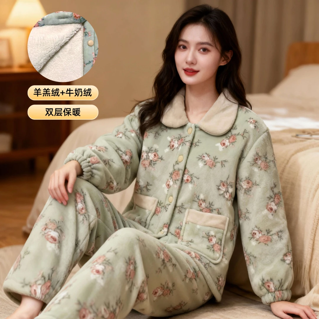 【羊羔绒+牛奶绒】睡衣女双层加厚冬季加绒家居服保暖可外穿套装