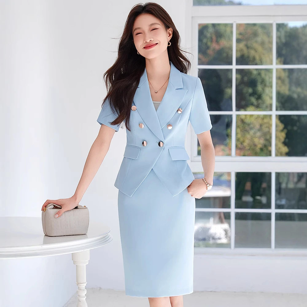 修身型短袖女拼接夏季收腰西装套小西装半身老钱风松弛感女装贵气