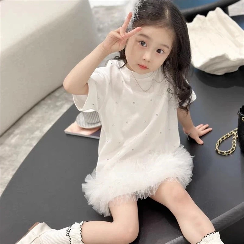 2025夏季女童纯棉T恤裙新款洋气甜美网纱拼接高级连衣裙