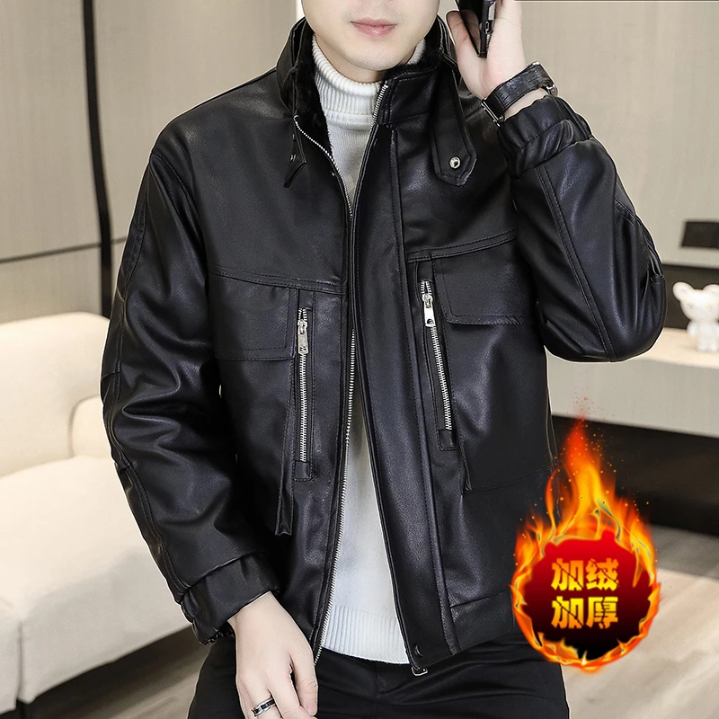 高级外套秋冬季美式男士时尚休闲立领小个子加绒加厚毛领皮衣外套