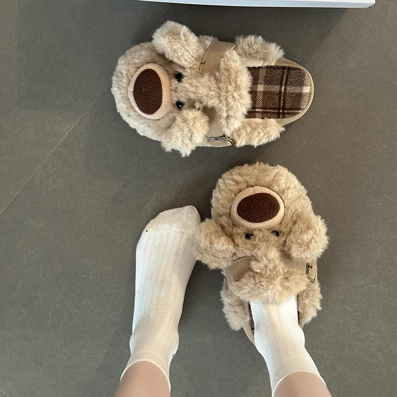 时尚可爱卡通格纹小狗毛毛拖鞋女2025秋冬新款保暖外穿毛绒棉拖鞋
