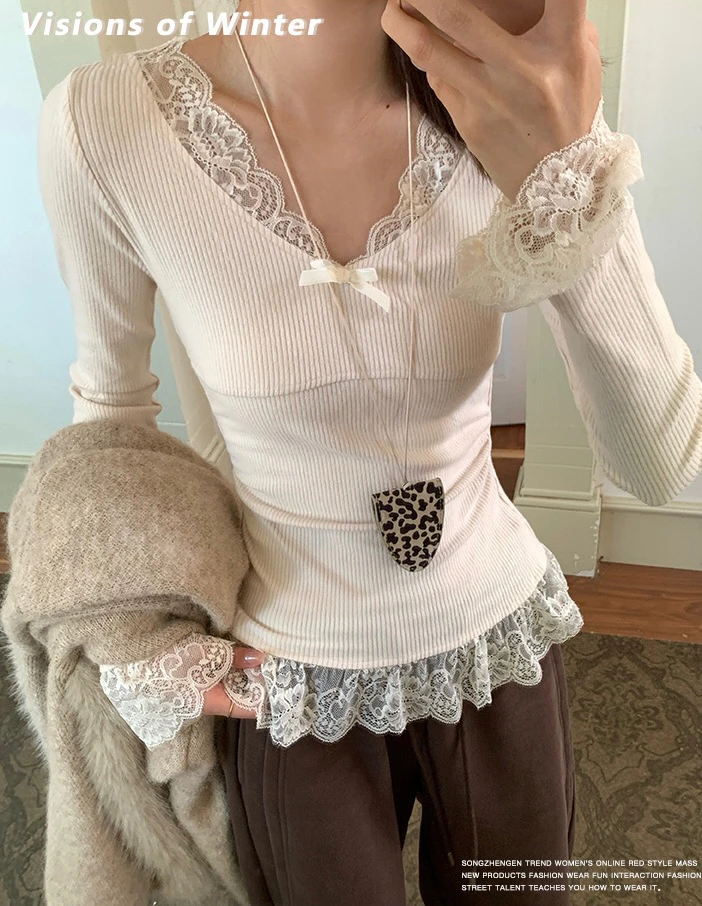 杏色蕾丝长袖t恤女春季内搭可外穿修身显瘦纯欲打底衫上衣