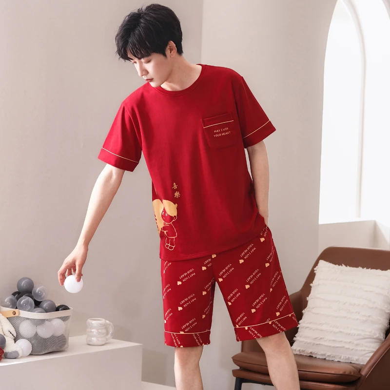 红色睡衣男款夏季纯棉短袖短裤夏天本命年全棉新婚结婚男士家居服