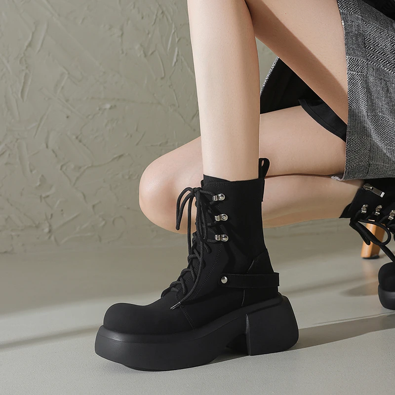 6CM小个子厚底舒适系带马丁靴英伦风时尚百搭圆头粗跟休闲小短靴