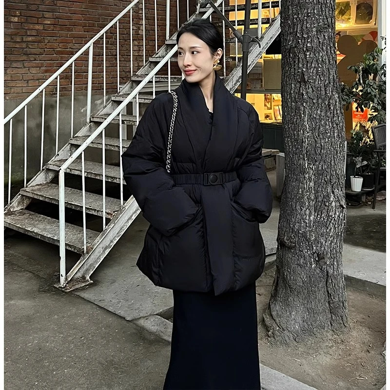 新中式黑色收腰棉服女2025年冬季新款休闲设计感中长款显瘦外套