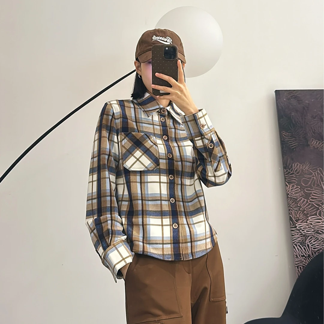 GIRDEAR/哥弟百搭长袖时尚复古磨毛短款格纹衬衫1301019