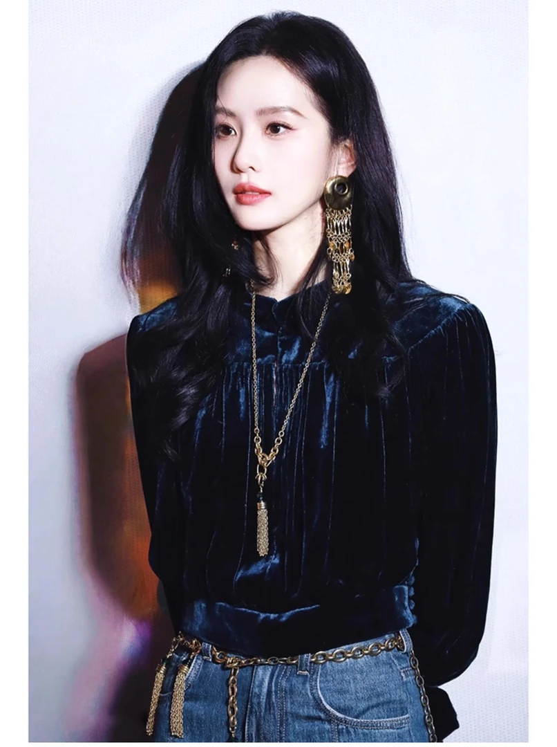 刘诗诗同款2025春季法式气质内搭上衣轻奢高级感藏蓝色丝绒衬衫女