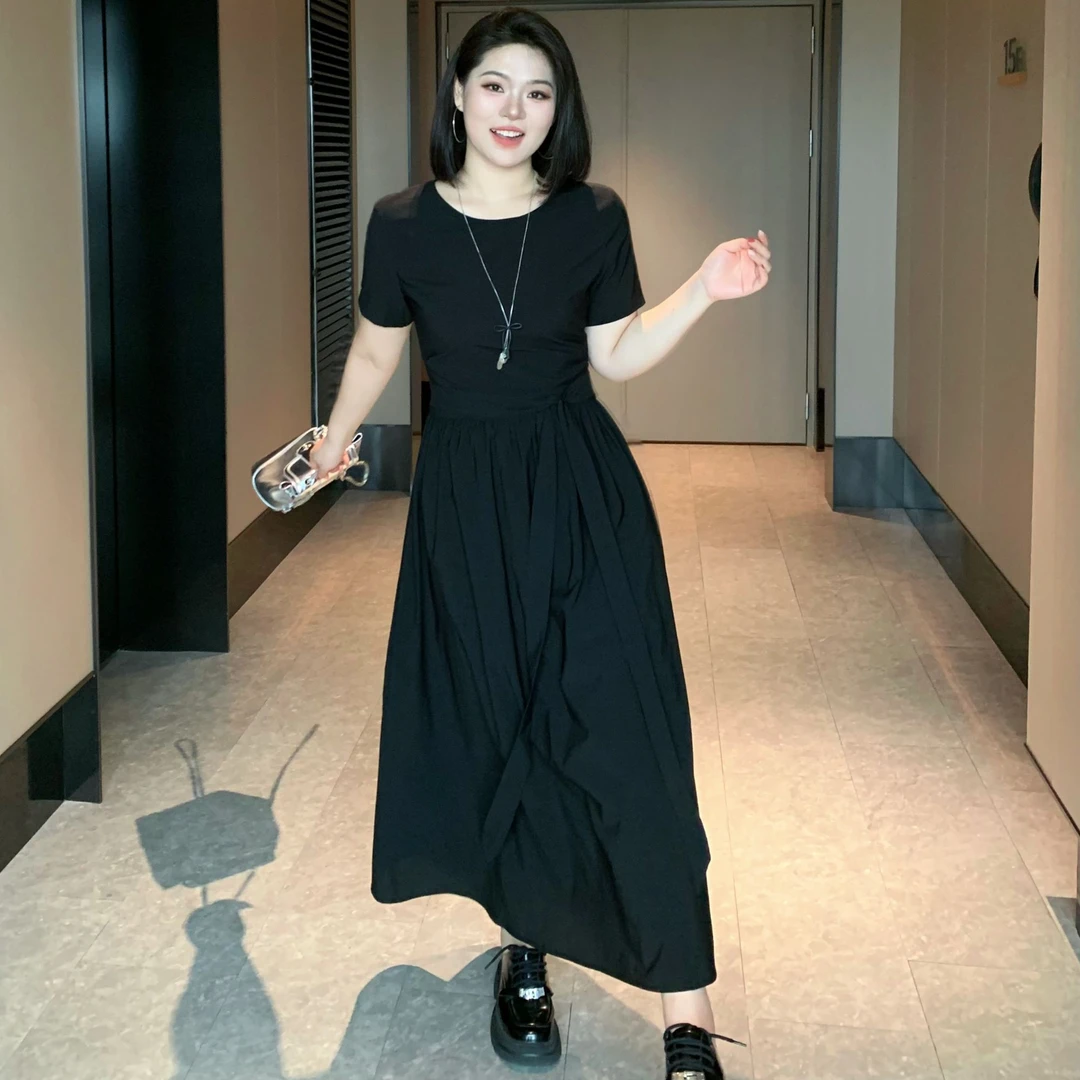 ARSENE【 微风情书】夏季赫本风气质休闲高腰圆领微胖连衣裙-S1315