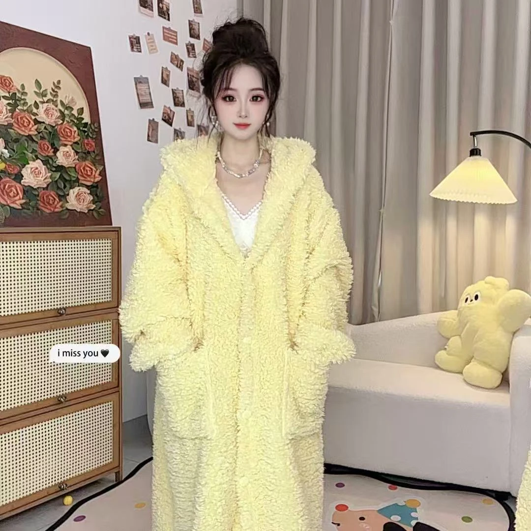 2025纯色连帽泰迪毛泡泡绒长袖成人睡衣休闲加绒时尚家居服