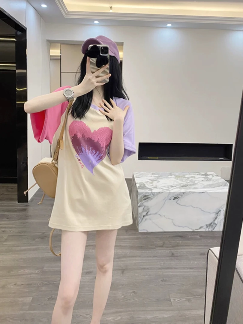爱心撞色插肩短袖t恤女2025新款夏季oversize美式设计感欧货上衣