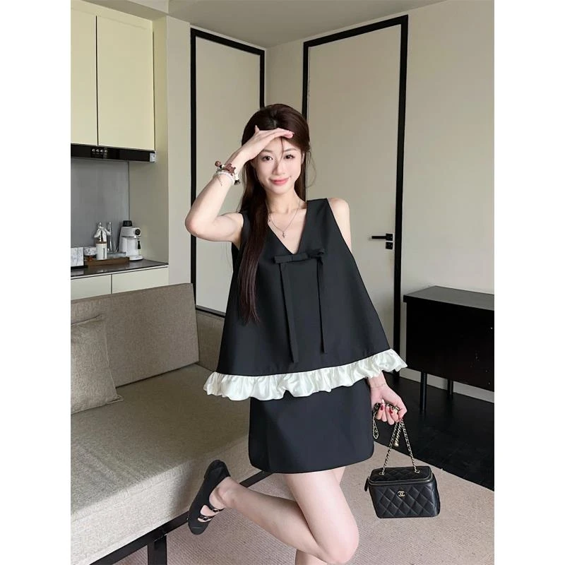 灰色蝴蝶结v领西装马甲背心女夏季时尚套装a字短裙半身裙子两件套