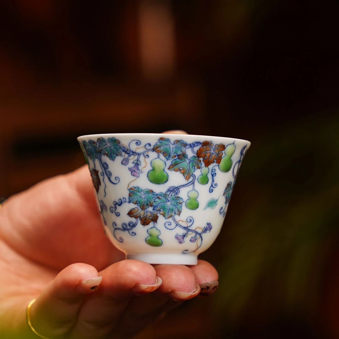 六逸堂青花斗彩禄隐花神杯纯手工陶瓷主人杯手绘LYT1681茶杯茶具