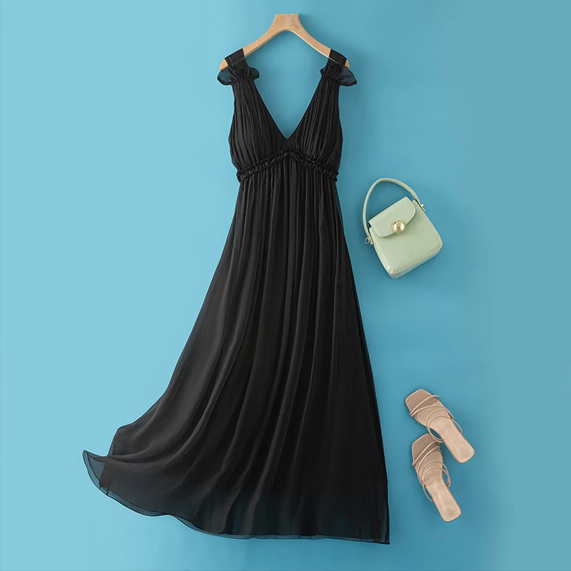 长款真丝顺滑夏季连衣裙仙气高腰度假背心裙黑色白色粉色气质通勤