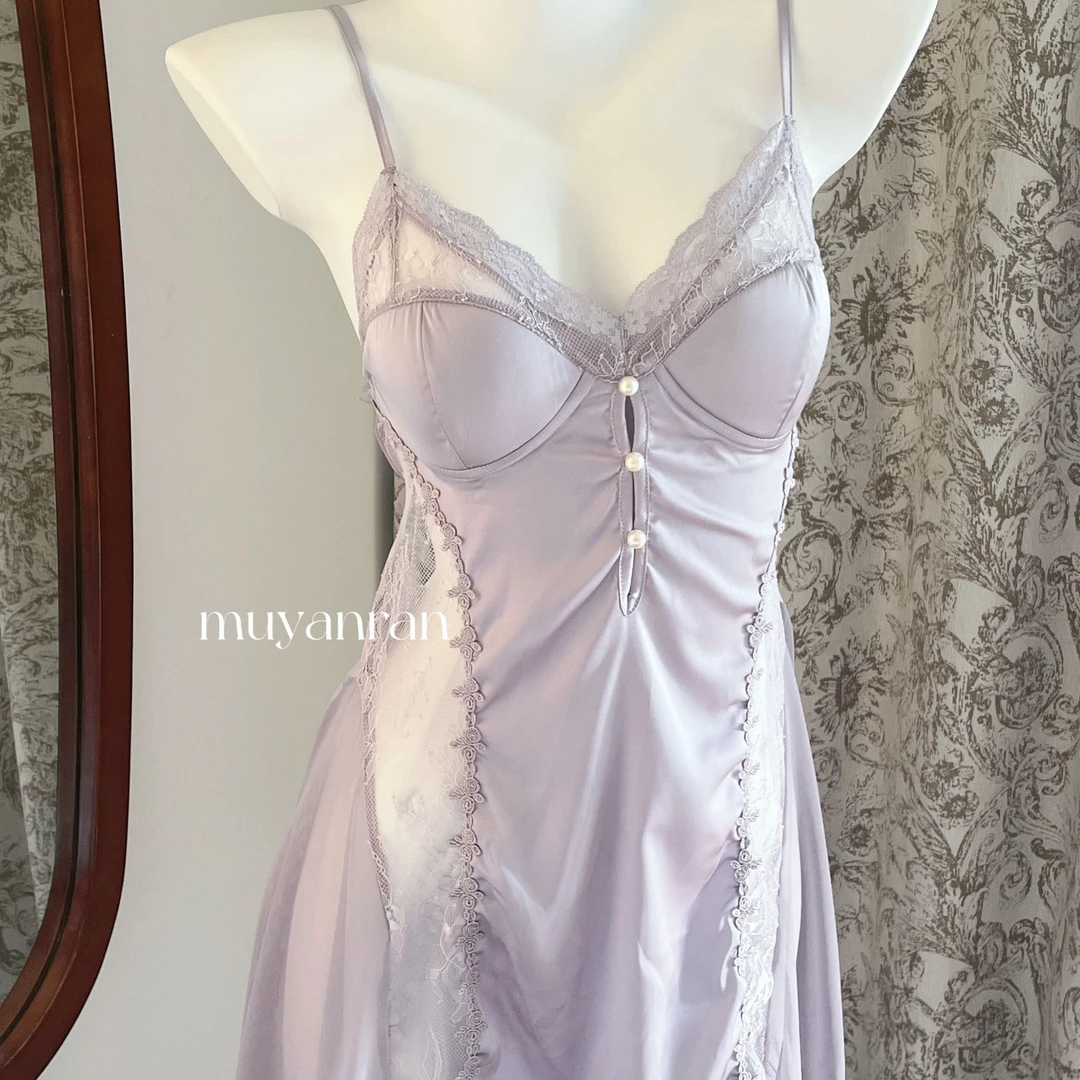 【微醺葡萄】（80-140）轻奢蕾丝镂空吊带睡裙法式薄款纯欲风睡衣女