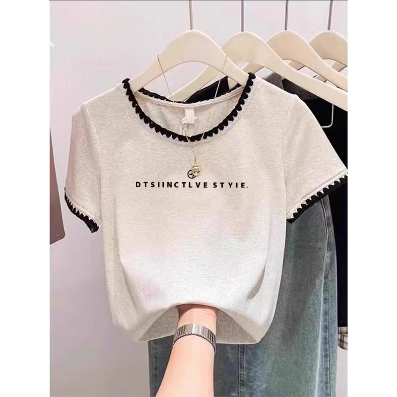 韩系正肩新款圆领修身显瘦短袖t恤夏季小众百搭卡通印花女装上衣