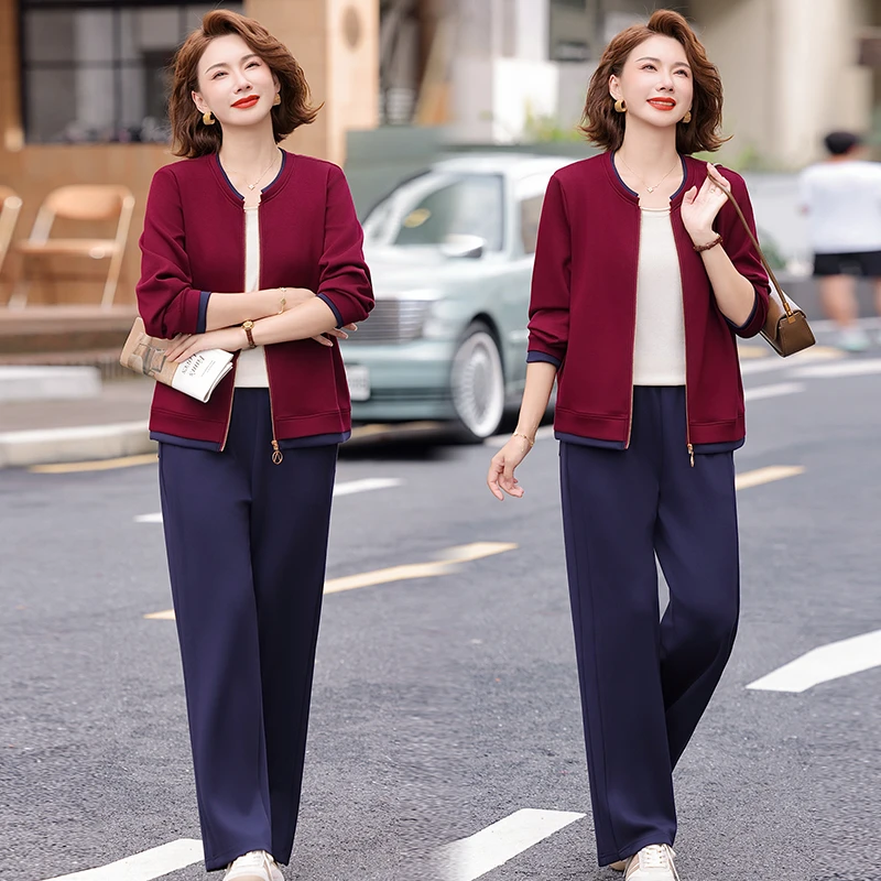妈妈秋装休闲运动服套装2025新款中老年女装圆领夹克衫外套两件套
